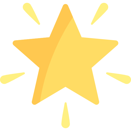 Yellow 5 pointed Star with rays icon.