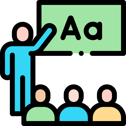 Flaticon Icon shows a teacher in front of three students who is pointing at a board that says Aa