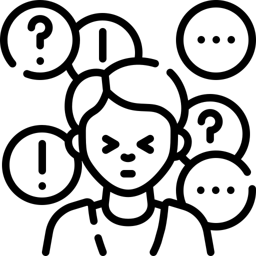 Black and white drawing of a person struggling with many thoughts. Thought bubbles contain exclamation points/ question marks
