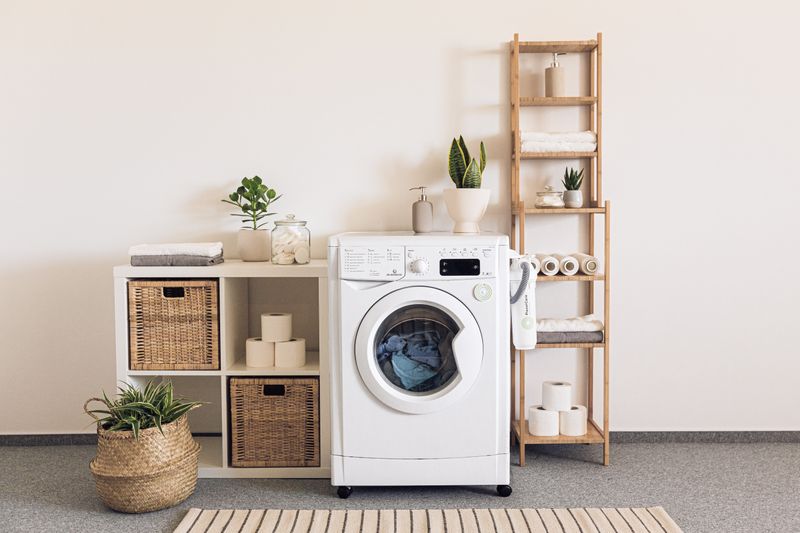 A washing machine in a laundry room. 