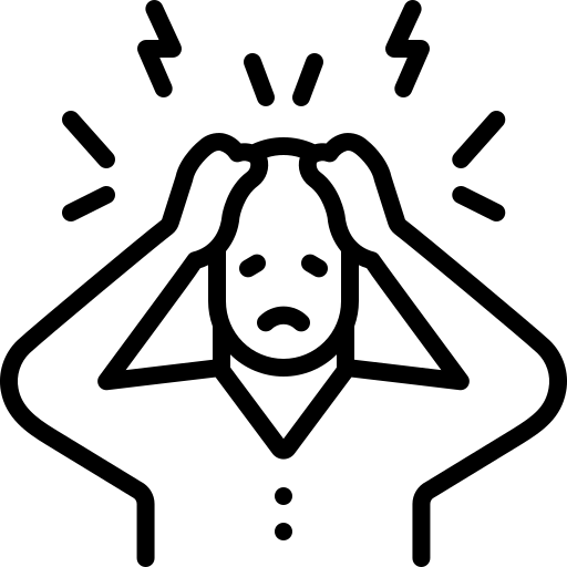 Black and white image of person with hands on their head and a sad face suggesting that they have a lot on their mind.