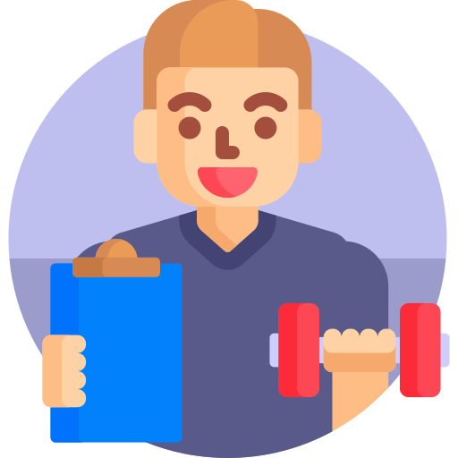 Icon of a fitness trainer with clipboard and dumbbells