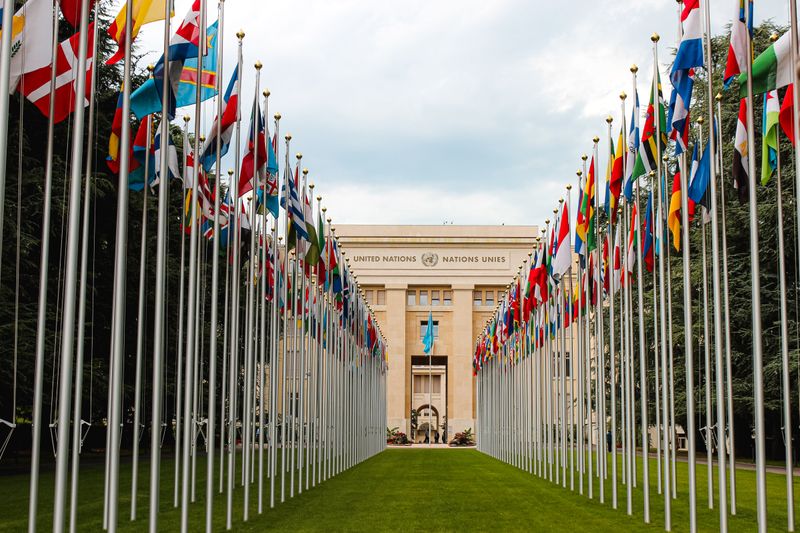 Image: Row of flags from every country outside United Nations headquarters 
