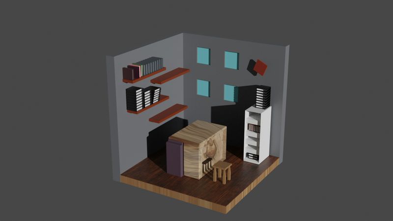 A 3D isometric model of a small room containing a wooden desk, shelves with books, wall frames, and a small stool.