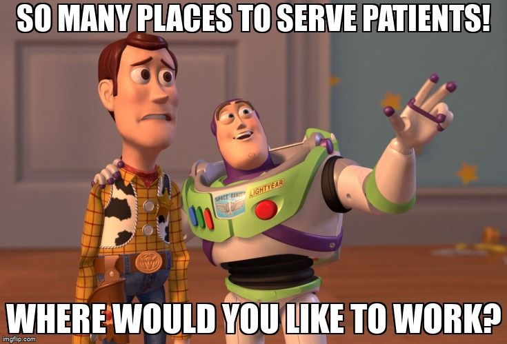 Buzz Lightyear telling Woody so many places to serve patients and work.