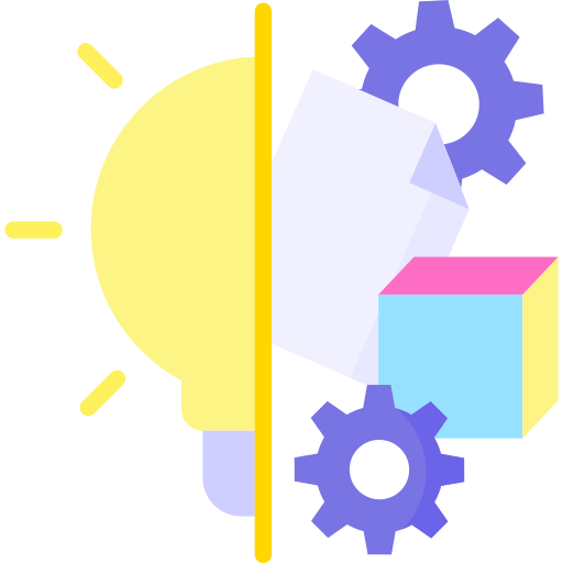 Half bulb icon with a cube and two setting gears