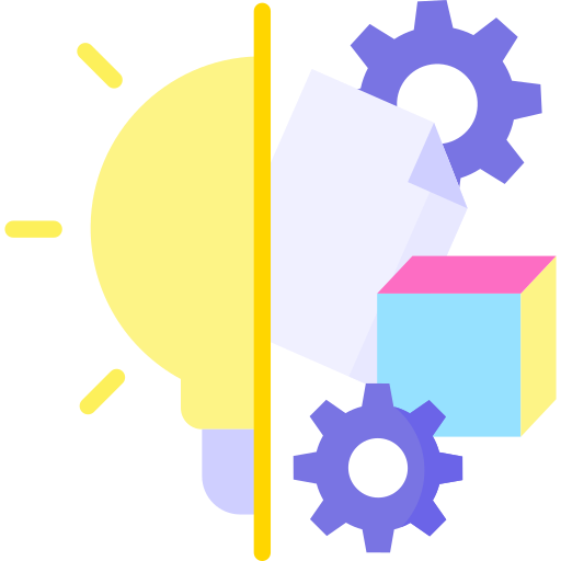 Half bulb icon with a cube and two setting gears.