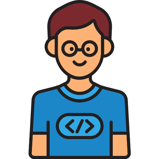 A boy with glasses wearing a top featuring an HTML code symbol..