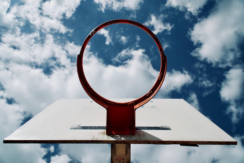 A basketball net from below.