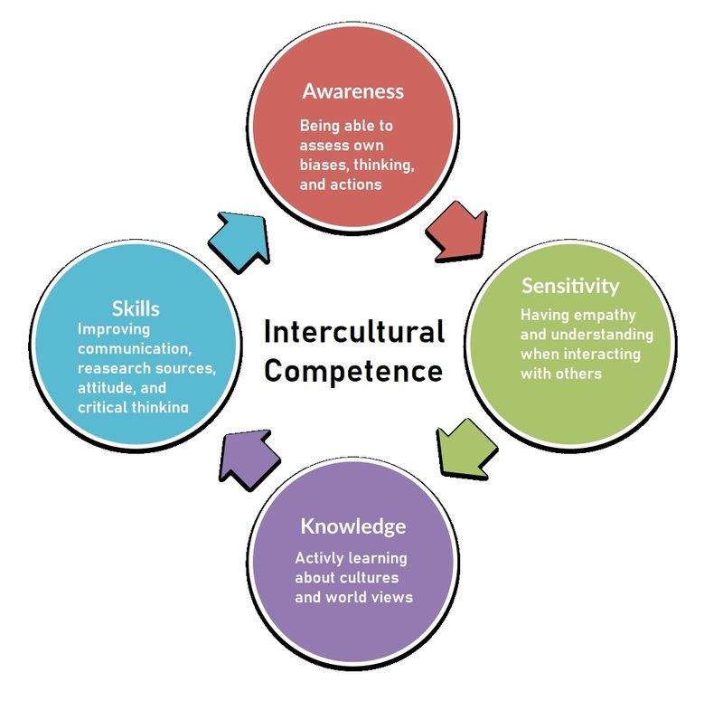 Diagram listing main areas of intercultural competence: awareness, knowledge, sensitivity, and skills.. 