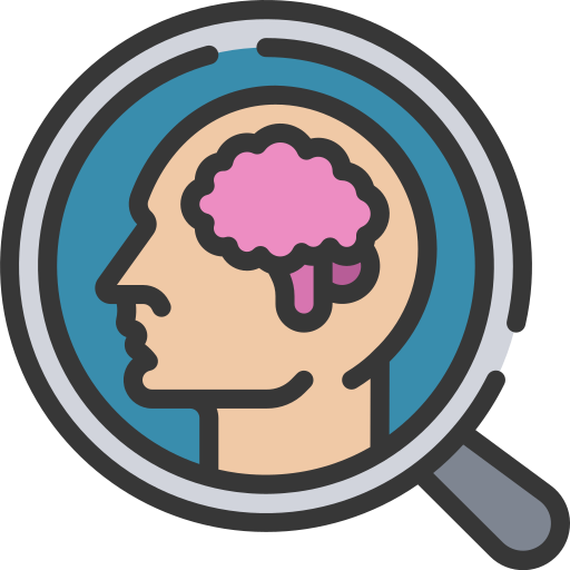 An icon of a magnifying glass over a brain. 