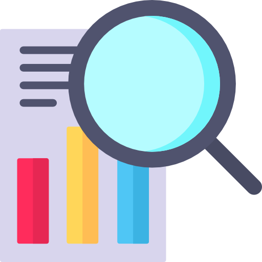 Icon of a magnifying glass and documents representing research