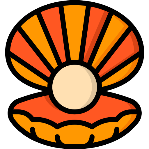Orange and red open oyster with white pearl in the middle.