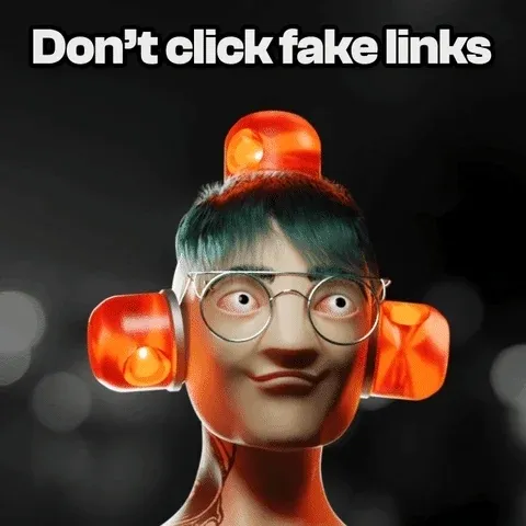 A person with three flashing lights on both sides of their head. The text reads: "Don't click fake links!"
