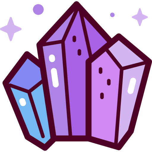 Icon of sparkling crystals that are blue, purple, and pink. 