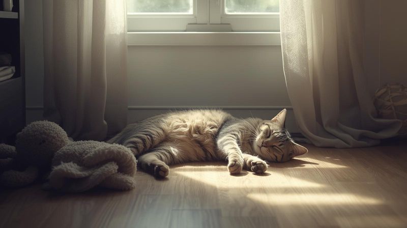 A cat lying on in the room in a patch of sunlight under a window.