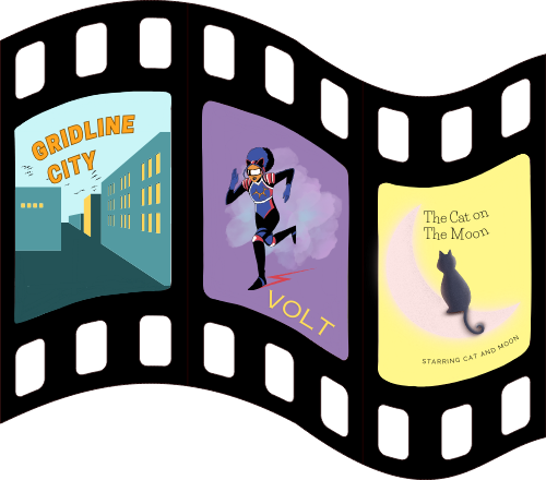 A film reel with 3 fictional posters: Gridline City (empty cityscape), Volt (superhero), The Cat and the Moon (crescent moon)