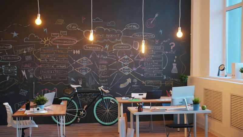 An office with a chalkboard that has a mind map written on it.