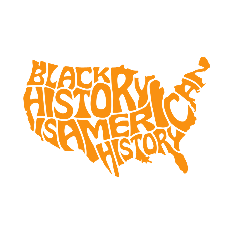 A US map. The map itself is shaped by the words, 'Black history is American history.'