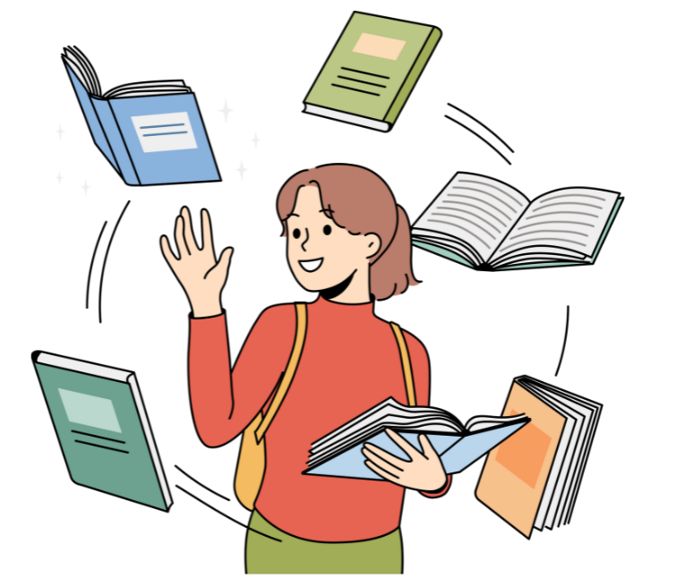 A graphic illustration of a woman who stands holding a book, while 5 other books fly around her in a circle.