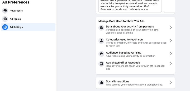 Screenshot of Facebooks Ad Setting tab under Ad Preferences