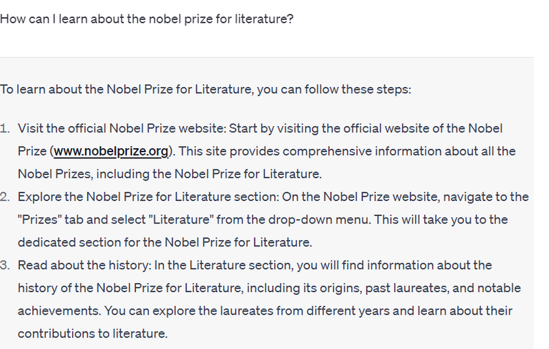 Answer to ChatGPT prompts: How can I learn about the Nobel Prize in Literature?