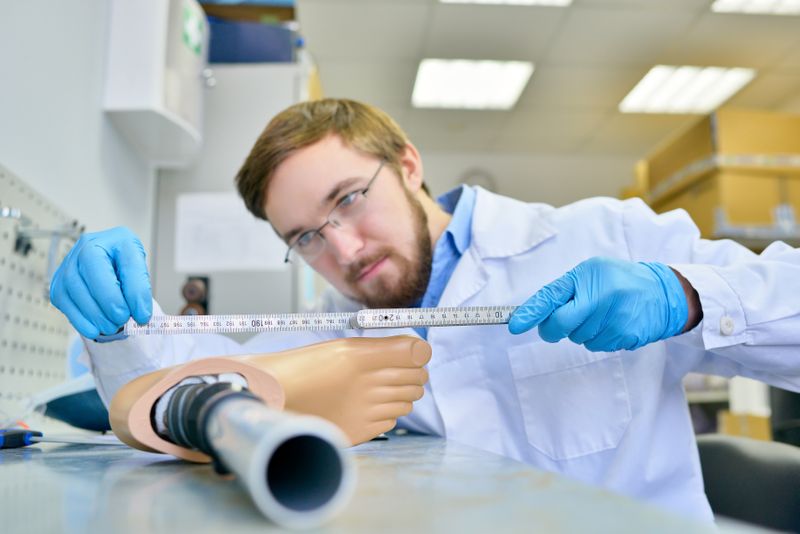 Prosthetist looking at prosthetic leg