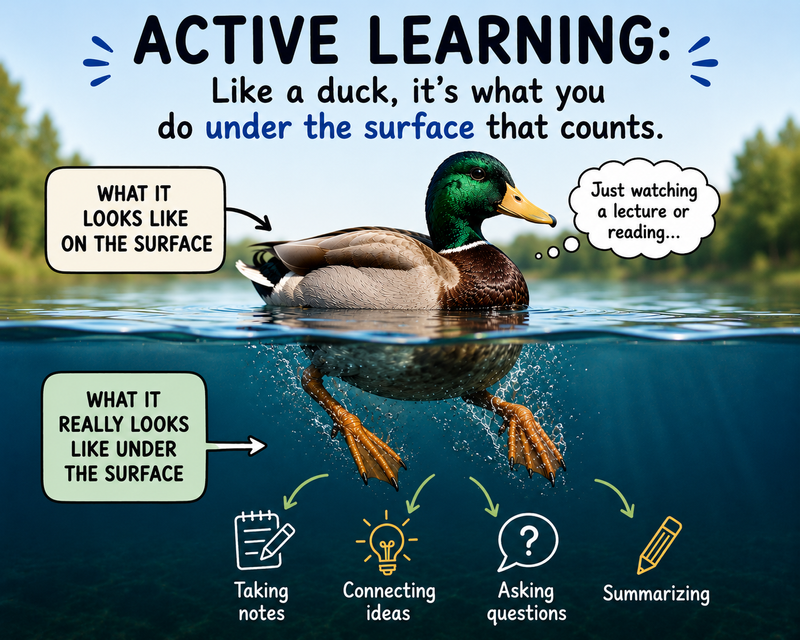 Meme with a duck paddling and texts: 