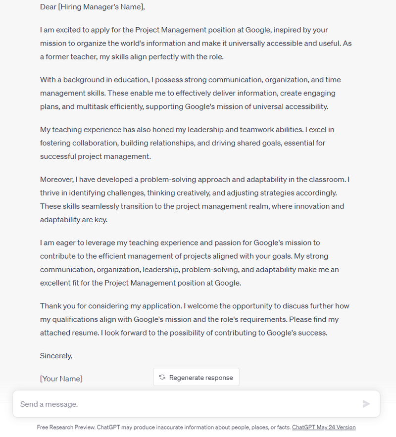 A ChatGPT generated cover letter for a former teacher's application to Google for a Project Management role.