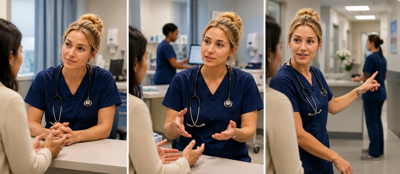 Three scenes show a healthcare worker listening, calmly responding, and directing someone to appropriate support.