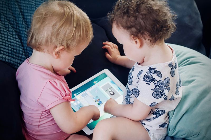 Two babies sitting together with an iPad between them while playing a game on it.