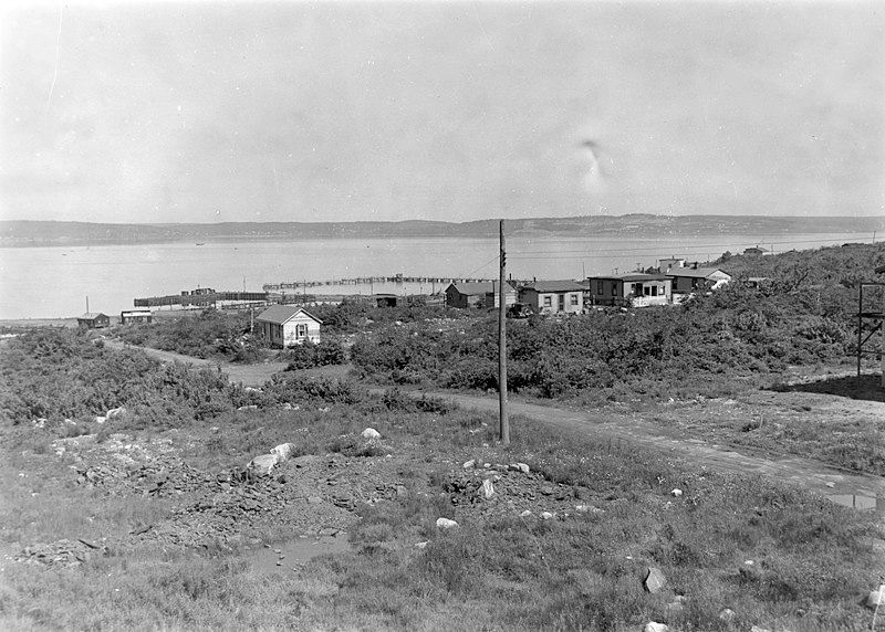 A historic photo of Africville. A few small houses sit on the Halifax shoreline.