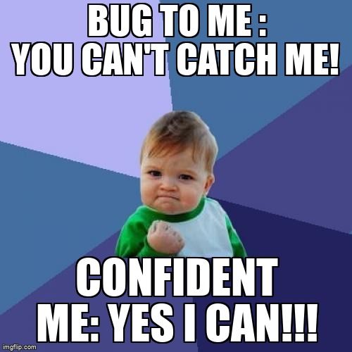 Success Kid meme. The text reads, 'Bug to me: You can't catch me! Confident me: yes I can!'