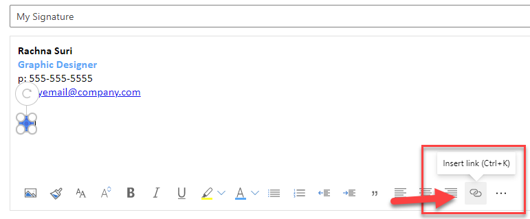 A screenshot of the 'Insert Link' icon in Outlook