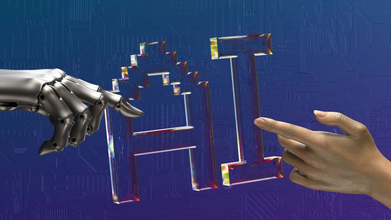 A graphic with the letters 'AI' in the center. A robot hand is on the left and a human hand on the right. 