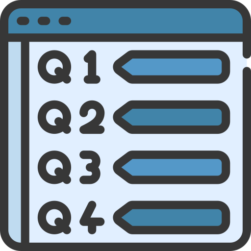 An icon of an online quiz with numbered questions and answer options in a browser window.