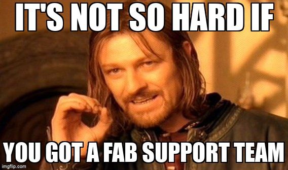 Meme showing a man in medievel costume with the words, 'It's not so hard if you got a fab support team'.