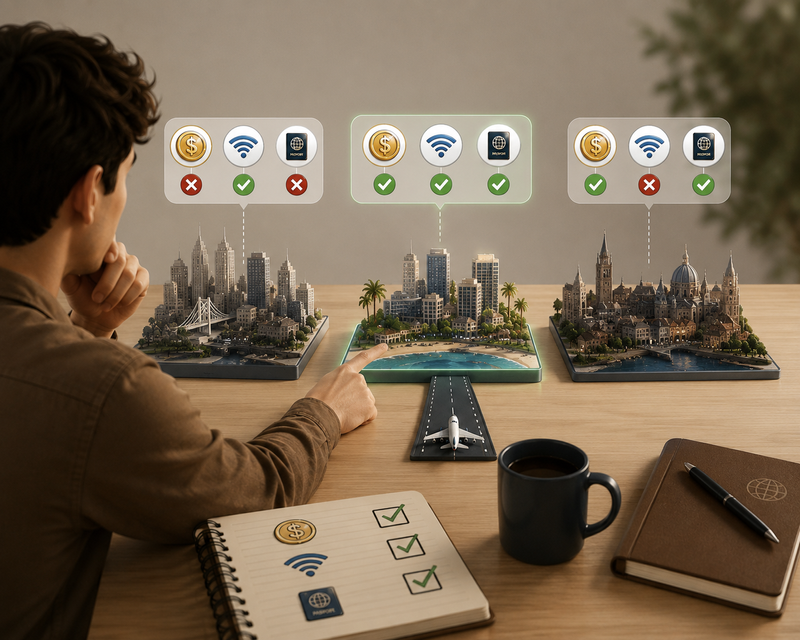 A person looking at three 3-dimensional models that represent cities to work from.