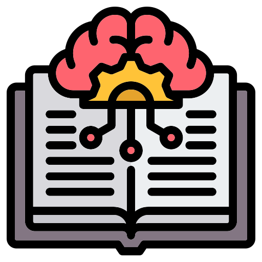icon with textbook and brain synthesizing information