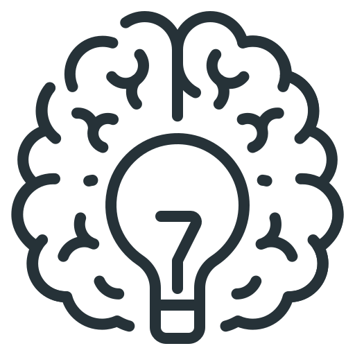 Black and white brain outlined around a lightbulb