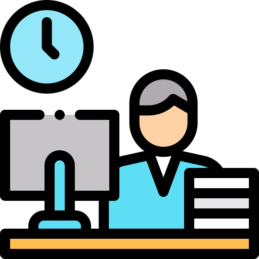 Icon image of a person working at their desk on their computer with a clock in the background. 