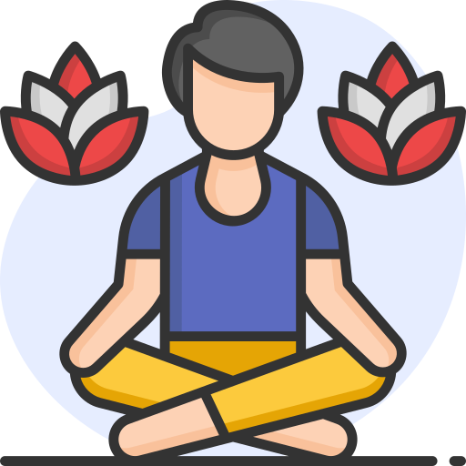 Icon of a yoga pose with two lotus flowers on both sides of the image.