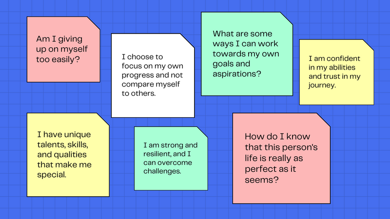 colorful sticky notes on a blue background, with positive statements and questions challenging the beliefs