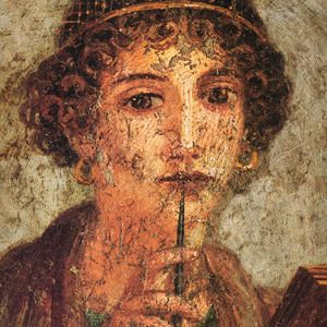 An ancient, brightly colored Sappho fresco.