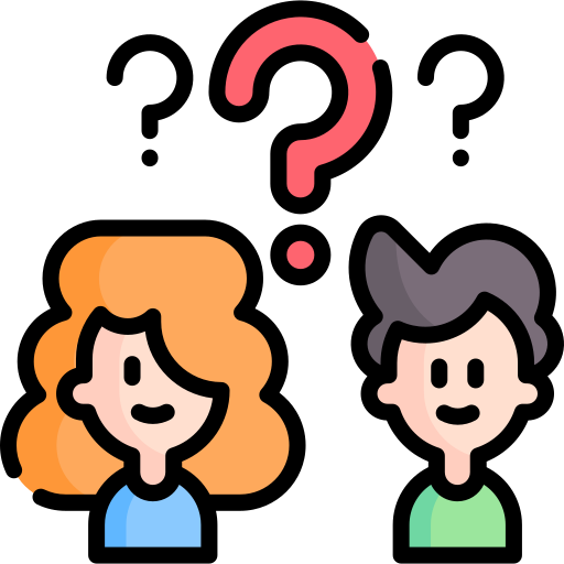 Man and Woman with floating question marks icon