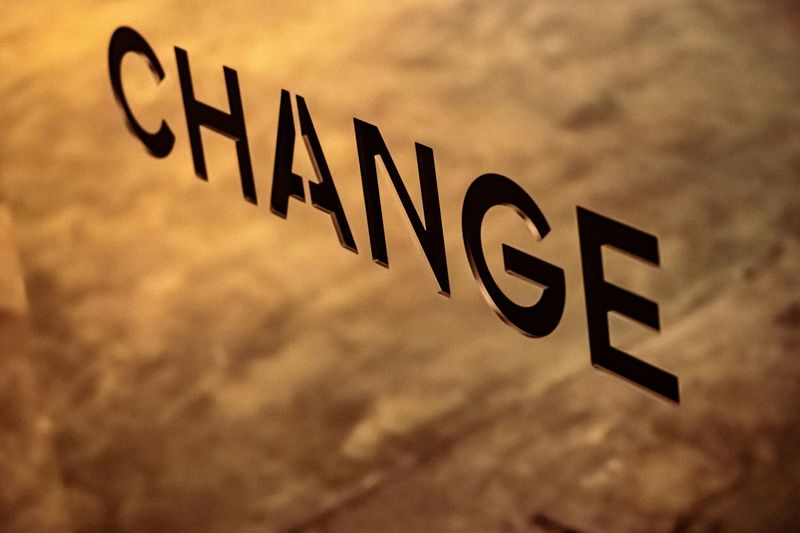 The word 'change' displayed in bold, black letters against a blurred, warm-toned background.