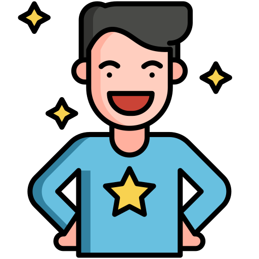 A happy boy wearing a shirt with a star on it and sparkles around him, representing confidence.