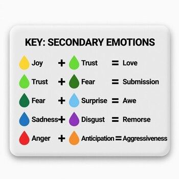 Joy+trust = love, trust+fear = submission, fear+surprise = awe, sadness+disgust = remose, anger+anticipation = aggressiveness