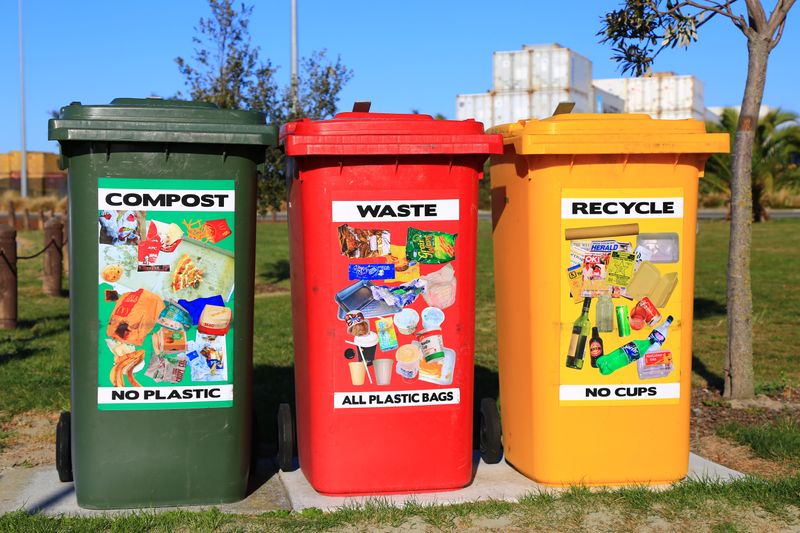 Three garbage bins: one compost, one waste, and one recycle.