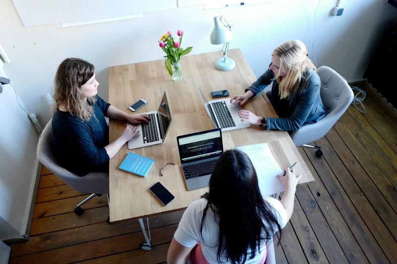 People working together at their laptops.